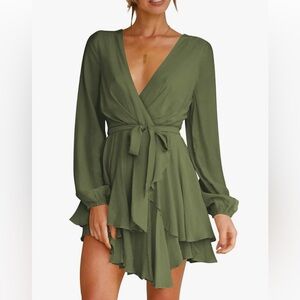 Womens Army Green Dress Deep V-Neck Long Sleeve Waist Tie Ruffle Swing Size 2XL